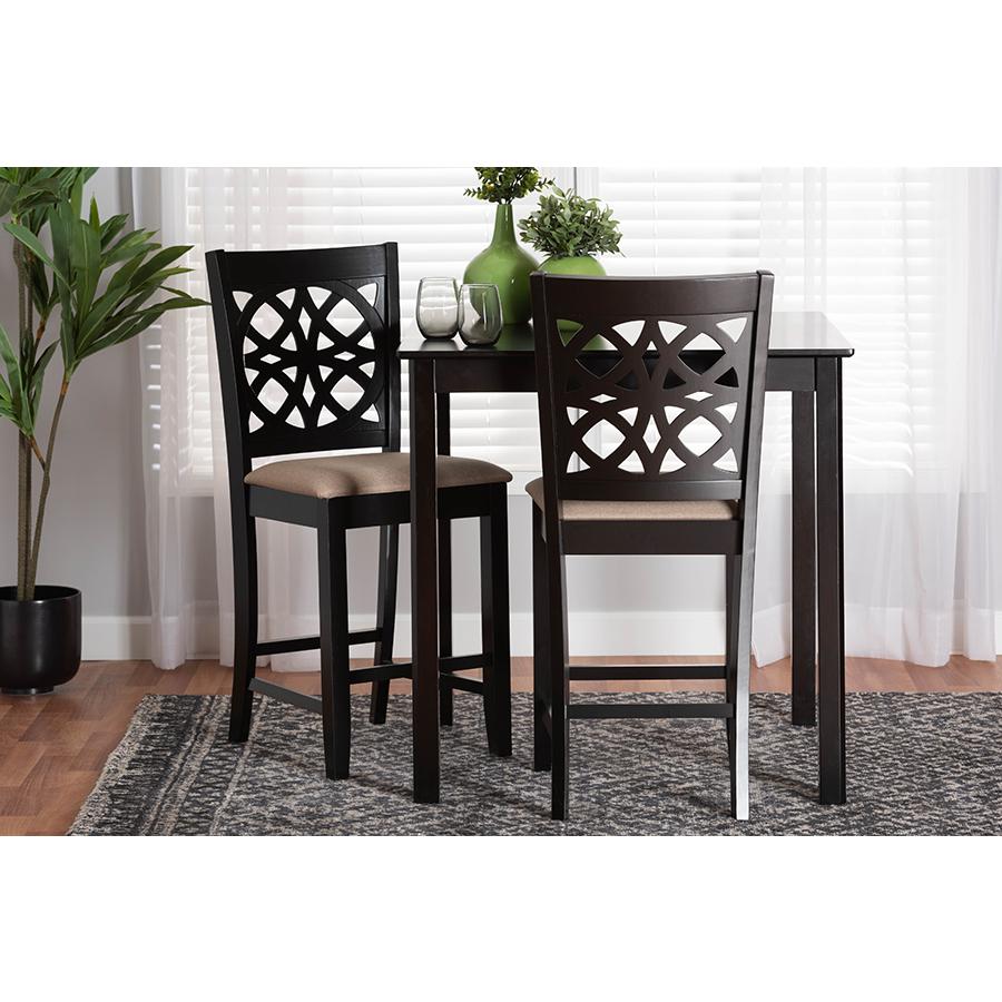 Beige Fabric and Dark Brown Finished Wood 2-Piece Counter Stool Set. Picture 7