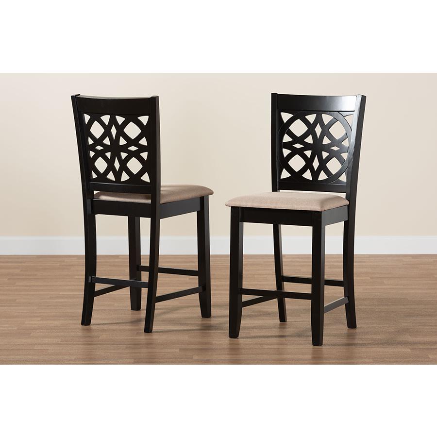 Beige Fabric and Dark Brown Finished Wood 2-Piece Counter Stool Set. Picture 8