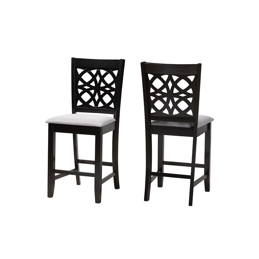 Grey Fabric and Dark Brown Finished Wood 2-Piece Counter Stool Set. Picture 1