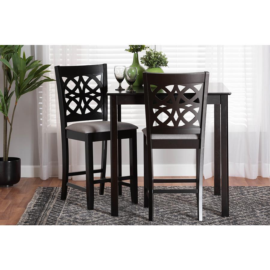 Grey Fabric and Dark Brown Finished Wood 2-Piece Counter Stool Set. Picture 7