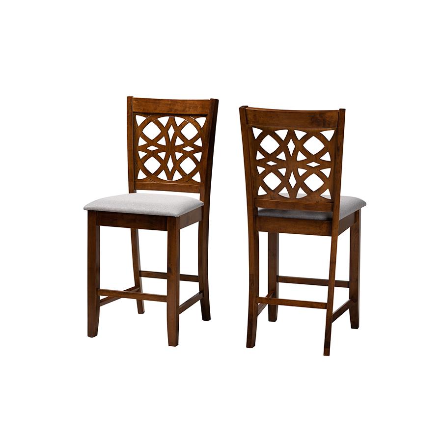 Grey Fabric and Walnut Brown Finished Wood 2-Piece Counter Stool Set. Picture 1