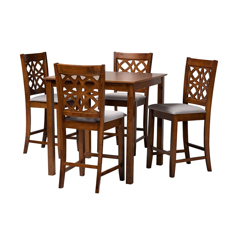 Abigail Modern Grey Fabric and Walnut Brown Finished Wood 5-Piece Pub Set. Picture 1