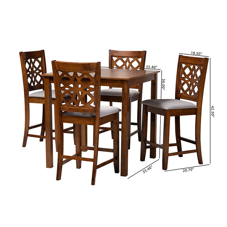 Abigail Modern Grey Fabric and Walnut Brown Finished Wood 5-Piece Pub Set. Picture 10