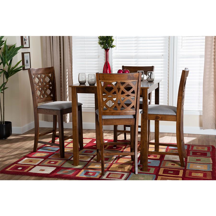 Abigail Modern Grey Fabric and Walnut Brown Finished Wood 5-Piece Pub Set. Picture 8