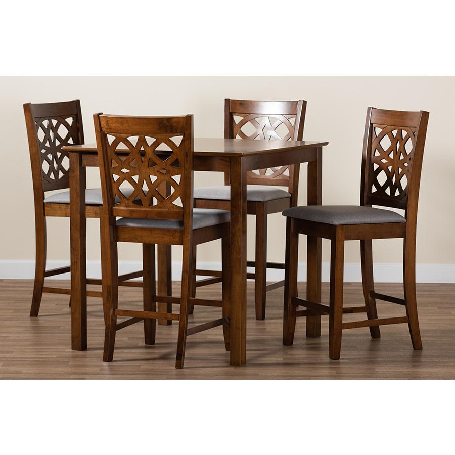 Abigail Modern Grey Fabric and Walnut Brown Finished Wood 5-Piece Pub Set. Picture 9