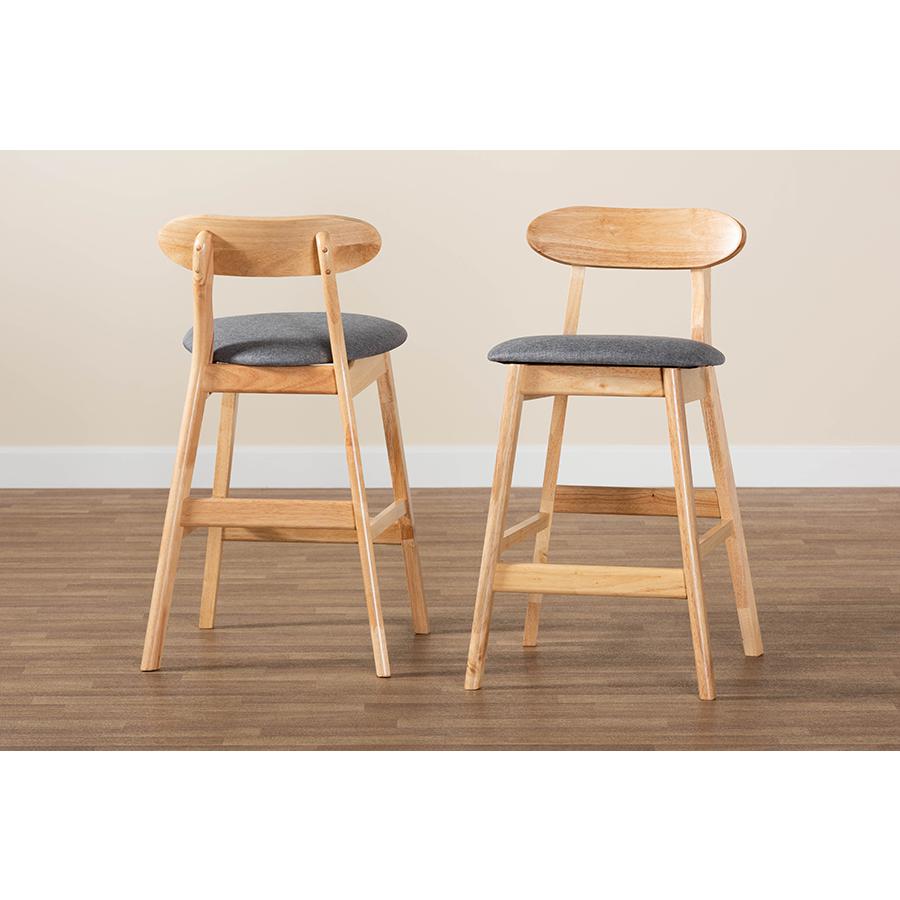 Grey Fabric and Natural Brown Finished Wood 2-Piece Counter Stool Set. Picture 8