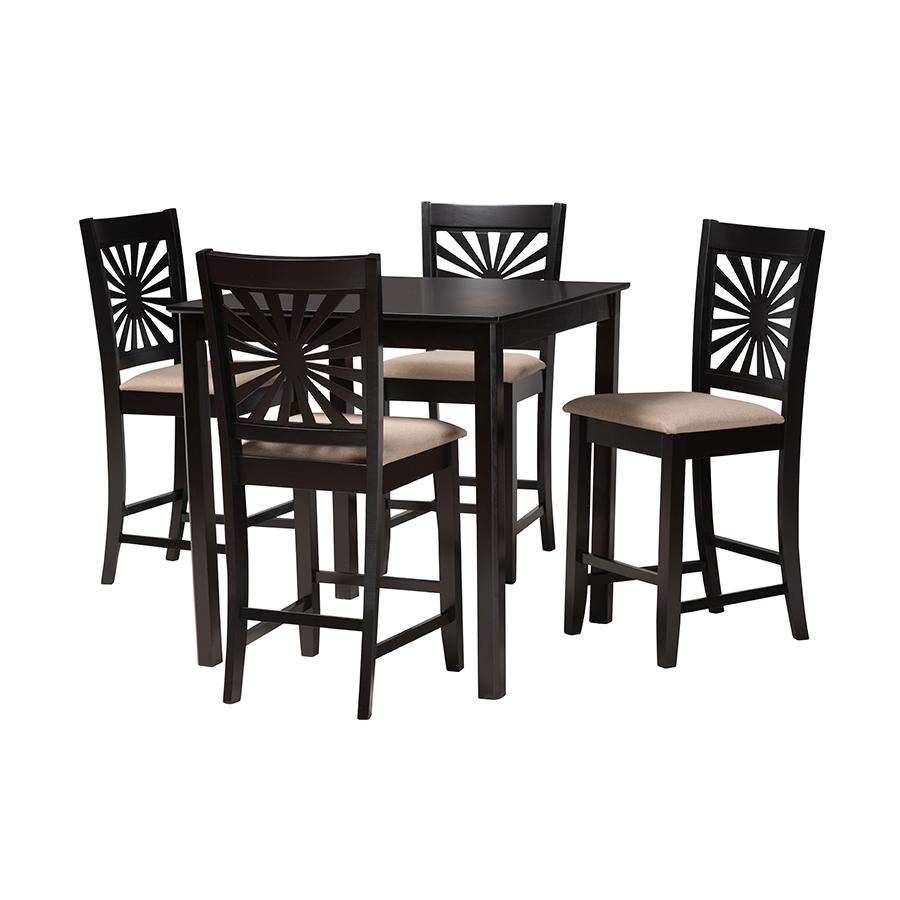 Olympia Modern Beige Fabric and Espresso Brown Finished Wood 5-Piece Pub Set. Picture 1