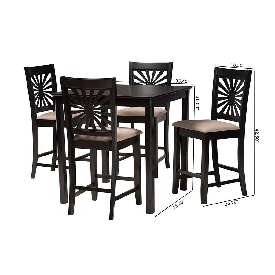 Olympia Modern Beige Fabric and Espresso Brown Finished Wood 5-Piece Pub Set. Picture 10