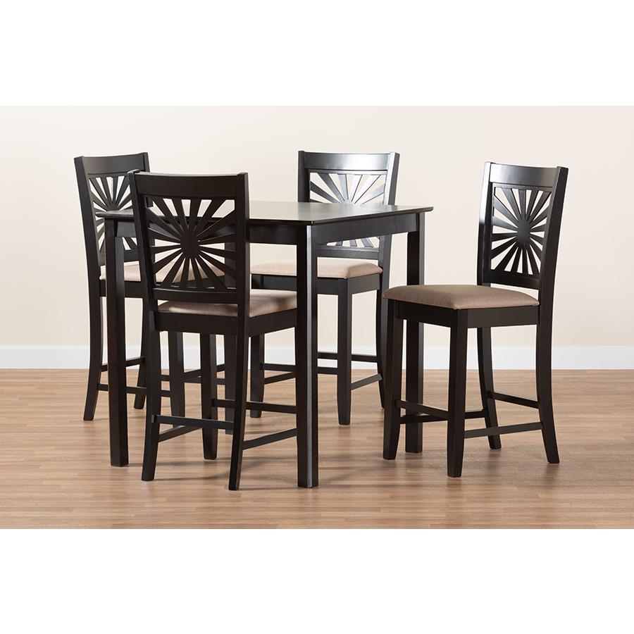 Olympia Modern Beige Fabric and Espresso Brown Finished Wood 5-Piece Pub Set. Picture 9