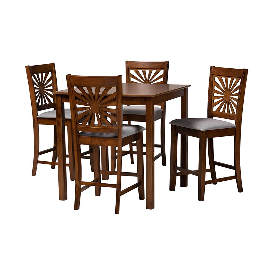 Olympia Modern Grey Fabric and Walnut Brown Finished Wood 5-Piece Pub Set. Picture 1