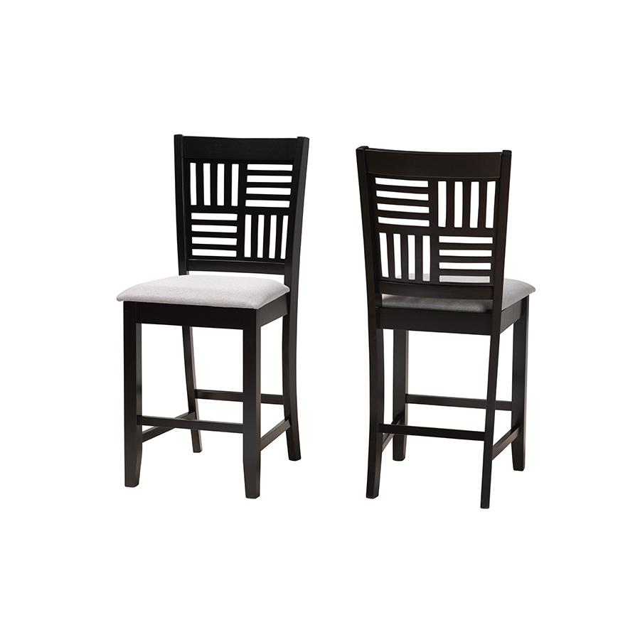 Deanna Modern Grey Fabric and Dark Brown Finished Wood 2-Piece Counter Stool Set. Picture 1