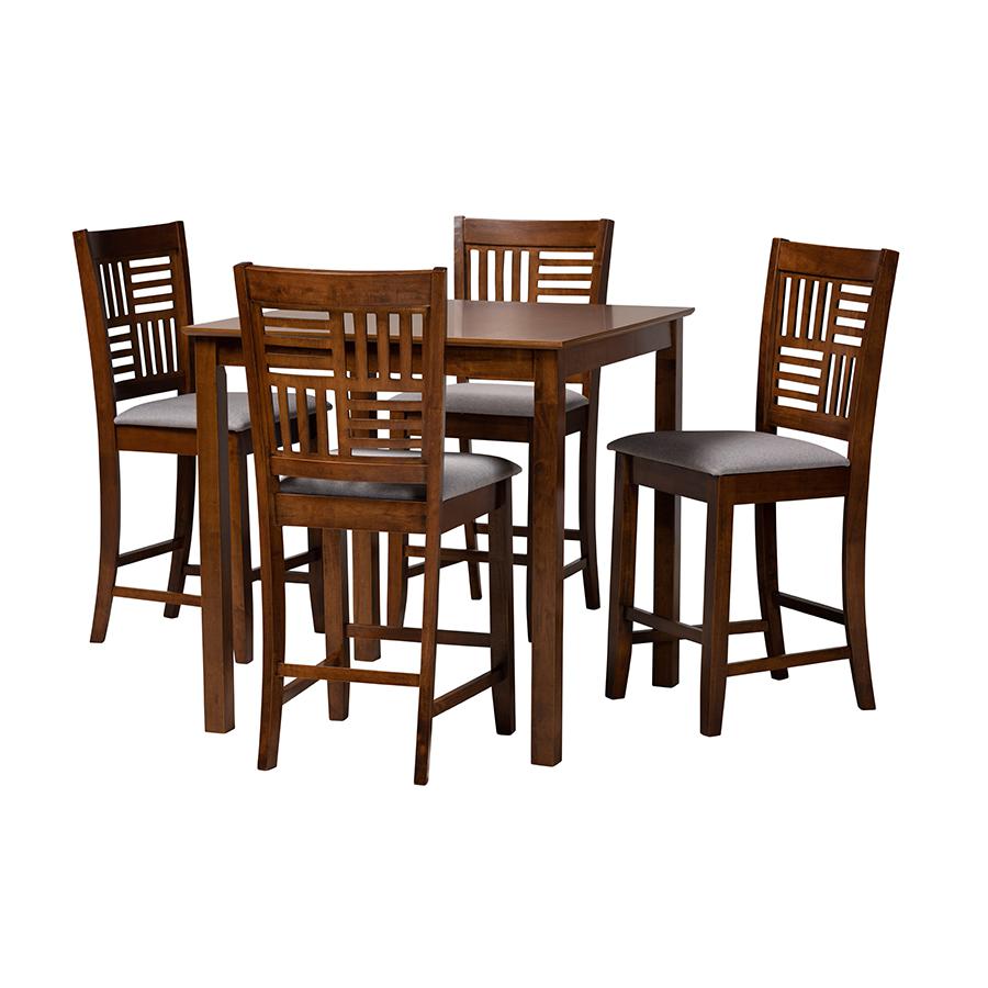 Deanna Modern Grey Fabric and Walnut Brown Finished Wood 5-Piece Pub Set. Picture 1