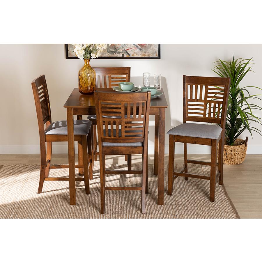 Deanna Modern Grey Fabric and Walnut Brown Finished Wood 5-Piece Pub Set. Picture 8