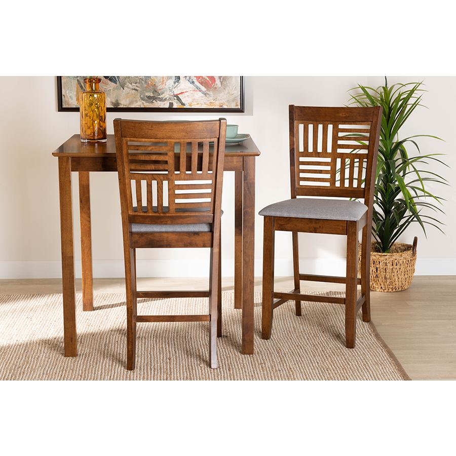 Grey Fabric and Walnut Brown Finished Wood 2-Piece Counter Stool Set. Picture 7