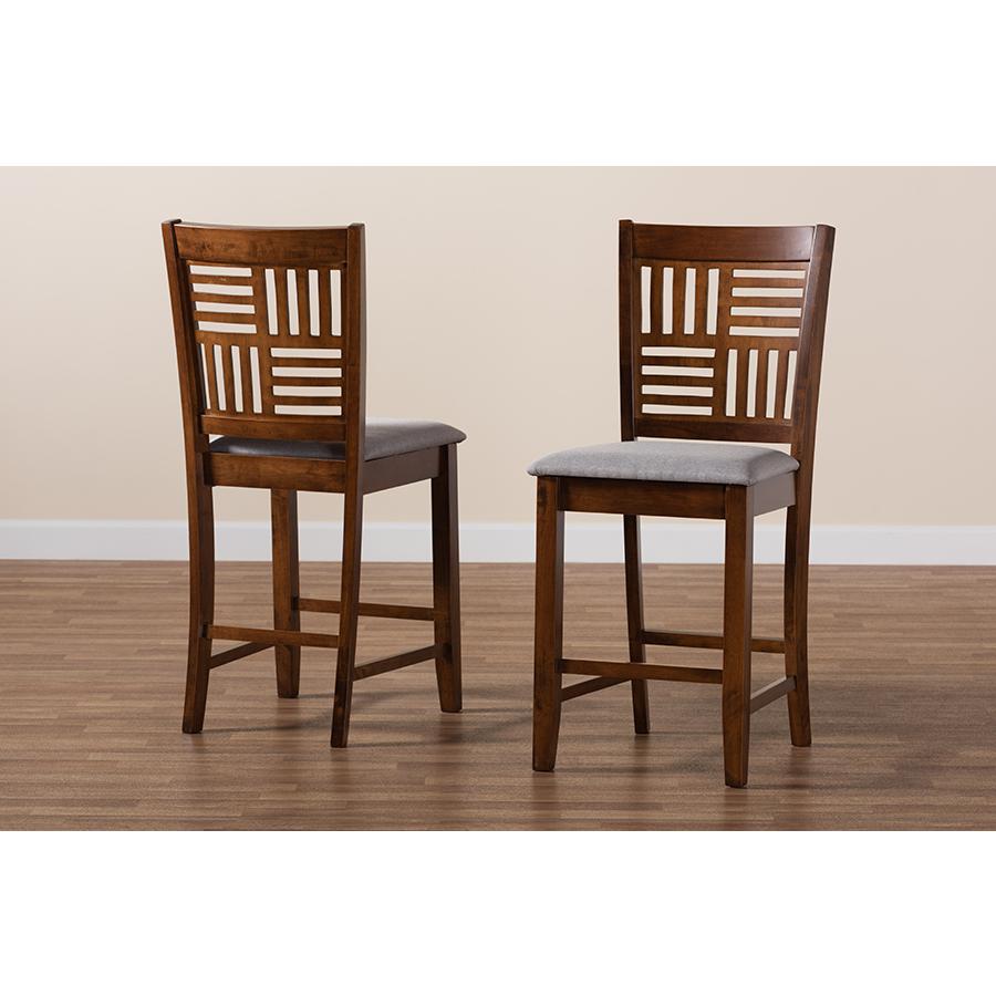 Grey Fabric and Walnut Brown Finished Wood 2-Piece Counter Stool Set. Picture 8
