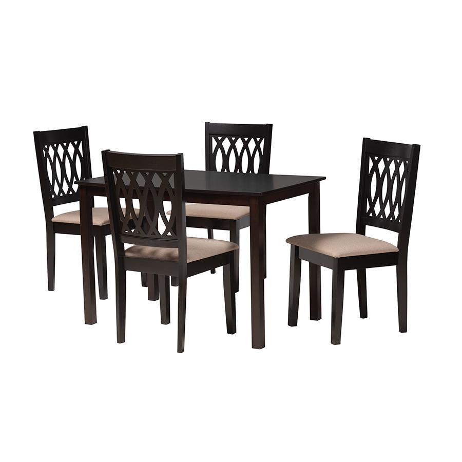Beige Fabric and Espresso Brown Finished Wood 5-Piece Dining Set. Picture 1