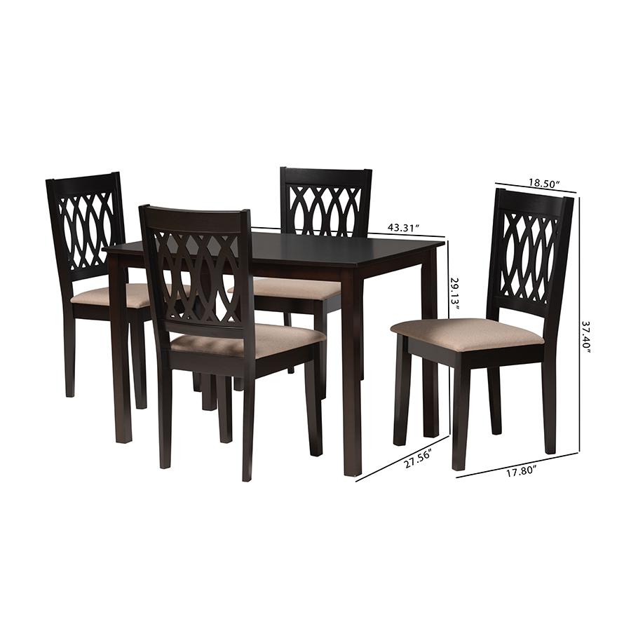 Beige Fabric and Espresso Brown Finished Wood 5-Piece Dining Set. Picture 10