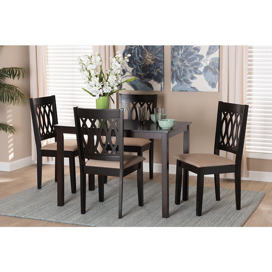 Beige Fabric and Espresso Brown Finished Wood 5-Piece Dining Set. Picture 8