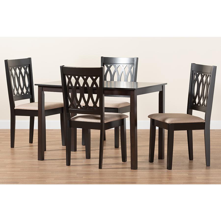 Beige Fabric and Espresso Brown Finished Wood 5-Piece Dining Set. Picture 9