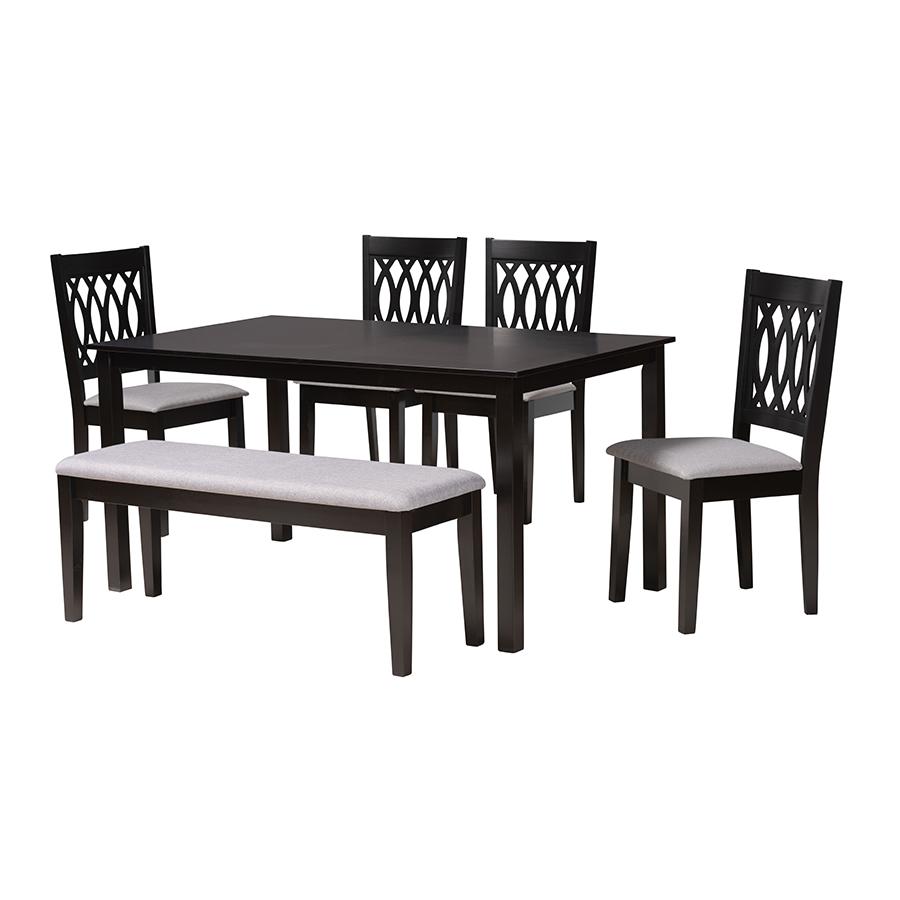 Florencia Modern Grey Fabric and Espresso Brown Finished Wood 6-Piece Dining Set. Picture 1