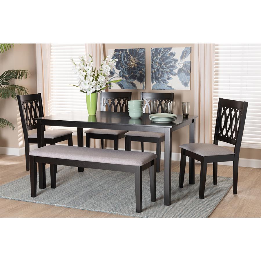 Florencia Modern Grey Fabric and Espresso Brown Finished Wood 6-Piece Dining Set. Picture 9
