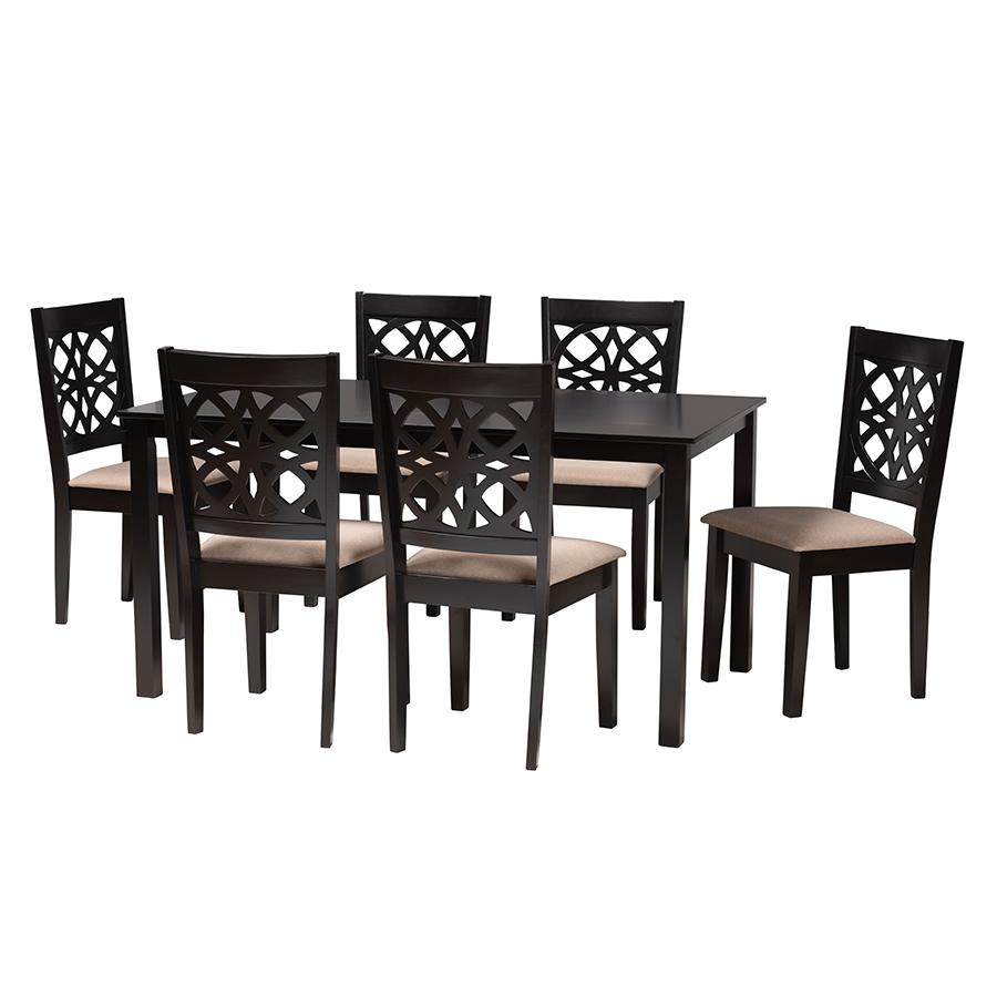 Abigail Modern Beige Fabric and Dark Brown Finished Wood 7-Piece Dining Set. Picture 1
