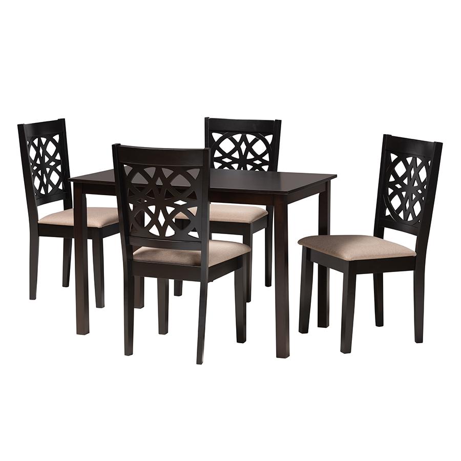 Abigail Modern Beige Fabric and Dark Brown Finished Wood 5-Piece Dining Set. Picture 1