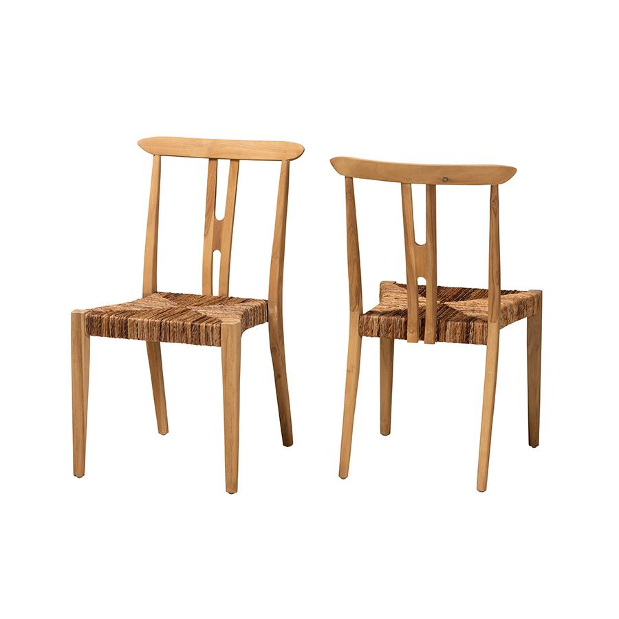 Bohemian Natural Brown Teak Wood and Seagrass 2-Piece Dining Chair Set. Picture 1