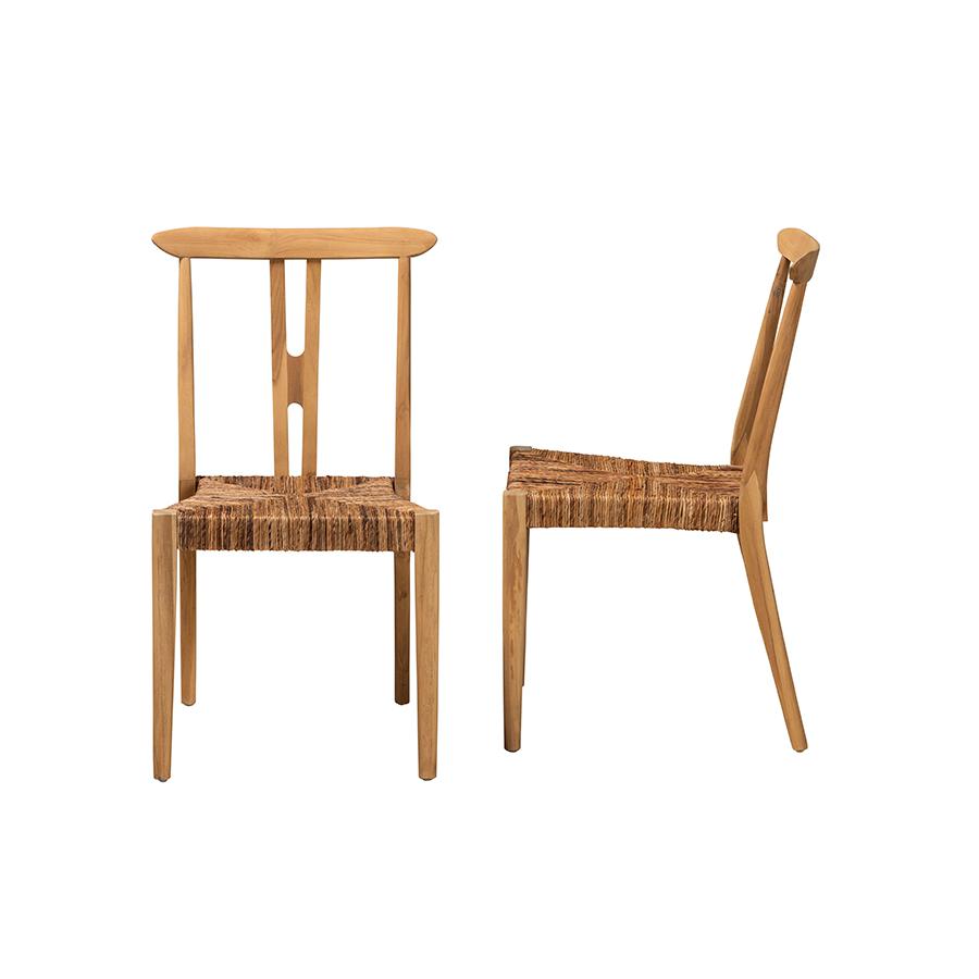 Bohemian Natural Brown Teak Wood and Seagrass 2-Piece Dining Chair Set. Picture 3