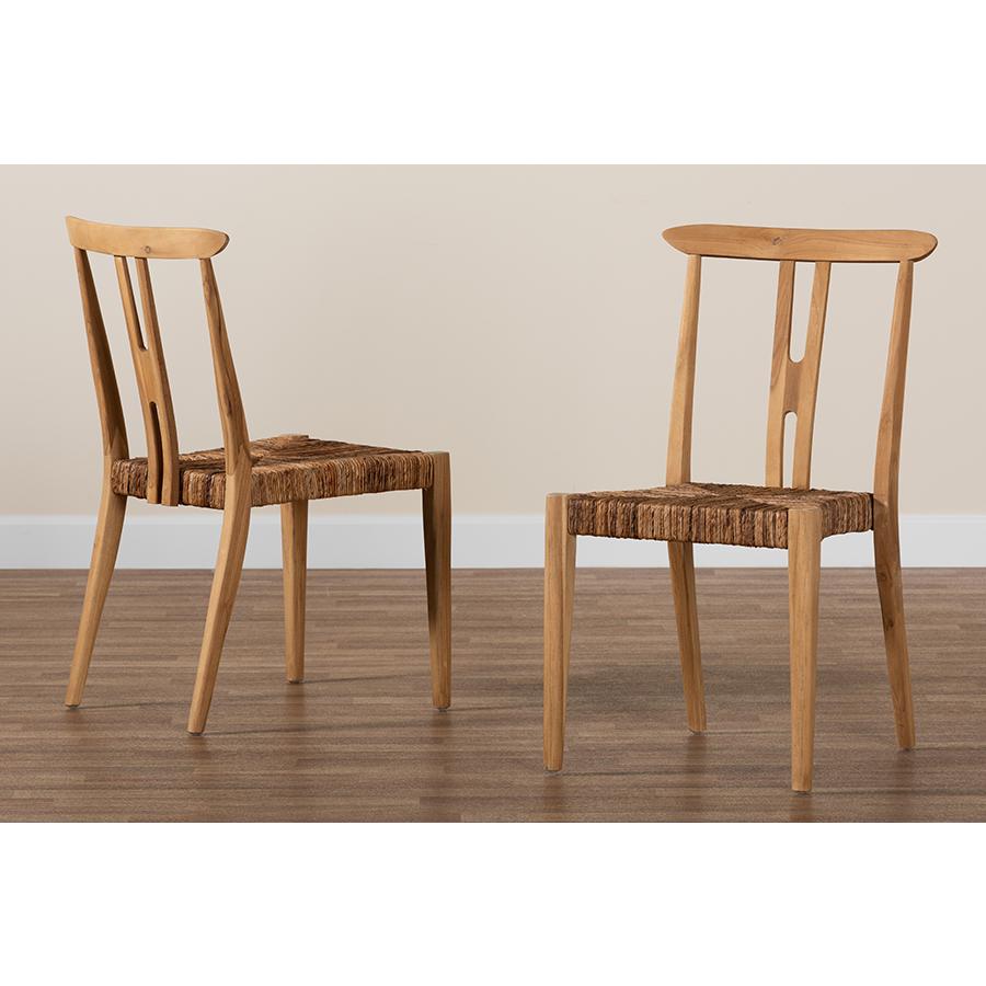 Bohemian Natural Brown Teak Wood and Seagrass 2-Piece Dining Chair Set. Picture 8
