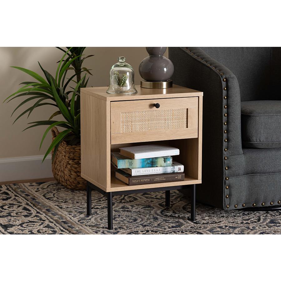 Light Brown and Black 1-Drawer End Table with Woven Rattan Accent. Picture 8