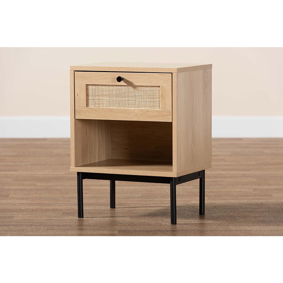 Light Brown and Black 1-Drawer End Table with Woven Rattan Accent. Picture 9