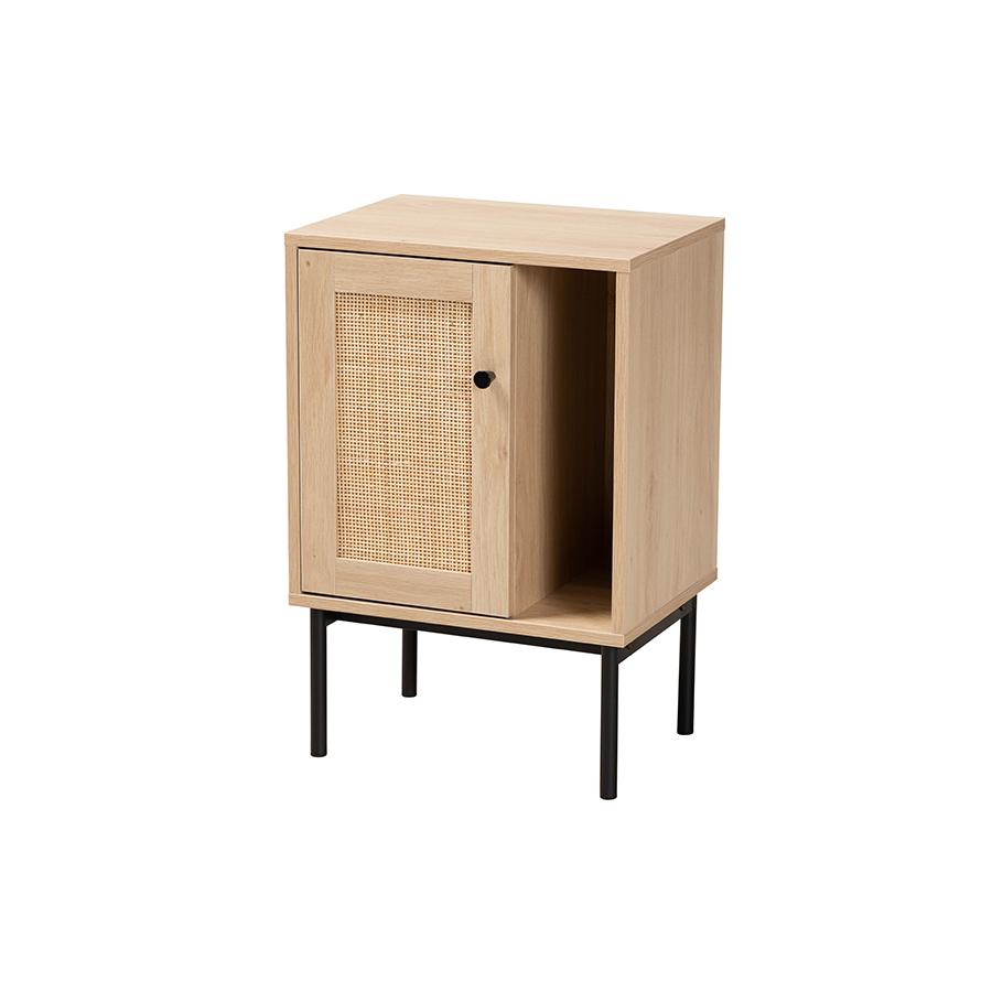Light Brown and Black 1-Door Cabinet with Woven Rattan Accent. Picture 1