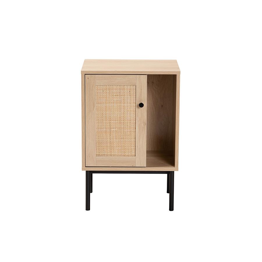 Light Brown and Black 1-Door Cabinet with Woven Rattan Accent. Picture 3