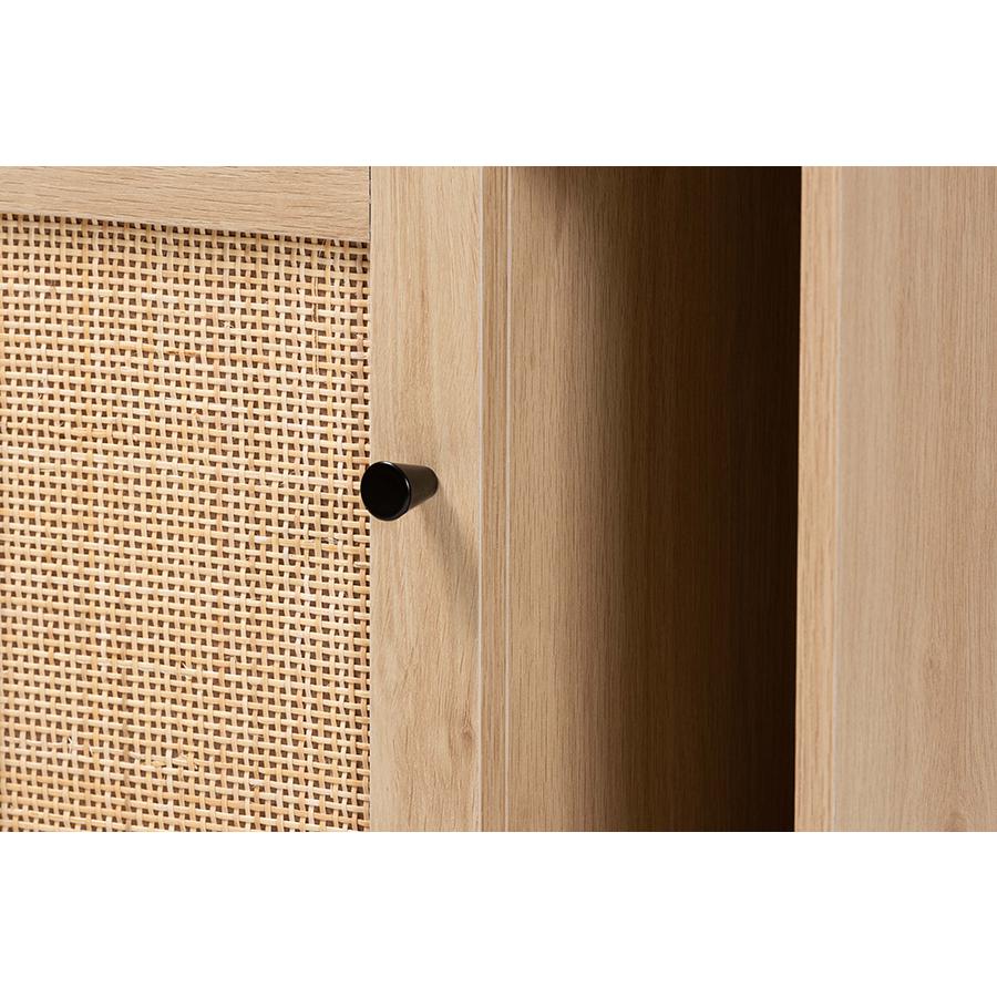 Light Brown and Black 1-Door Cabinet with Woven Rattan Accent. Picture 5