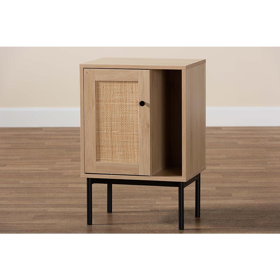 Light Brown and Black 1-Door Cabinet with Woven Rattan Accent. Picture 9
