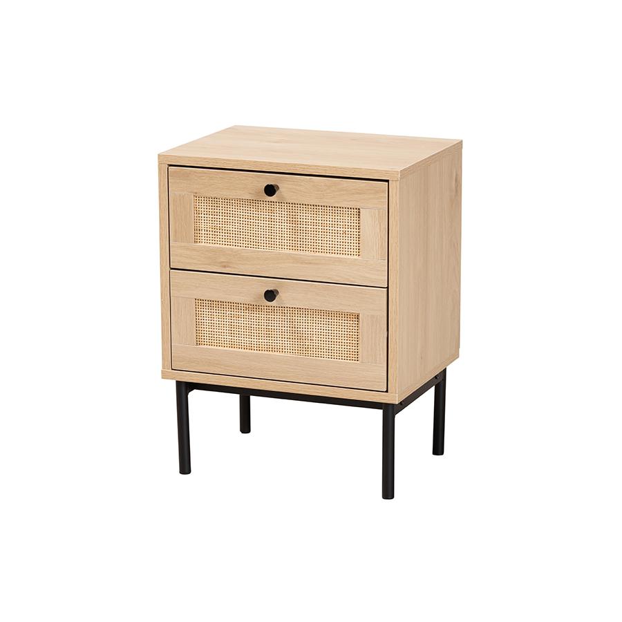 Light Brown and Black 2-Drawer End Table with Woven Rattan Accent. Picture 1