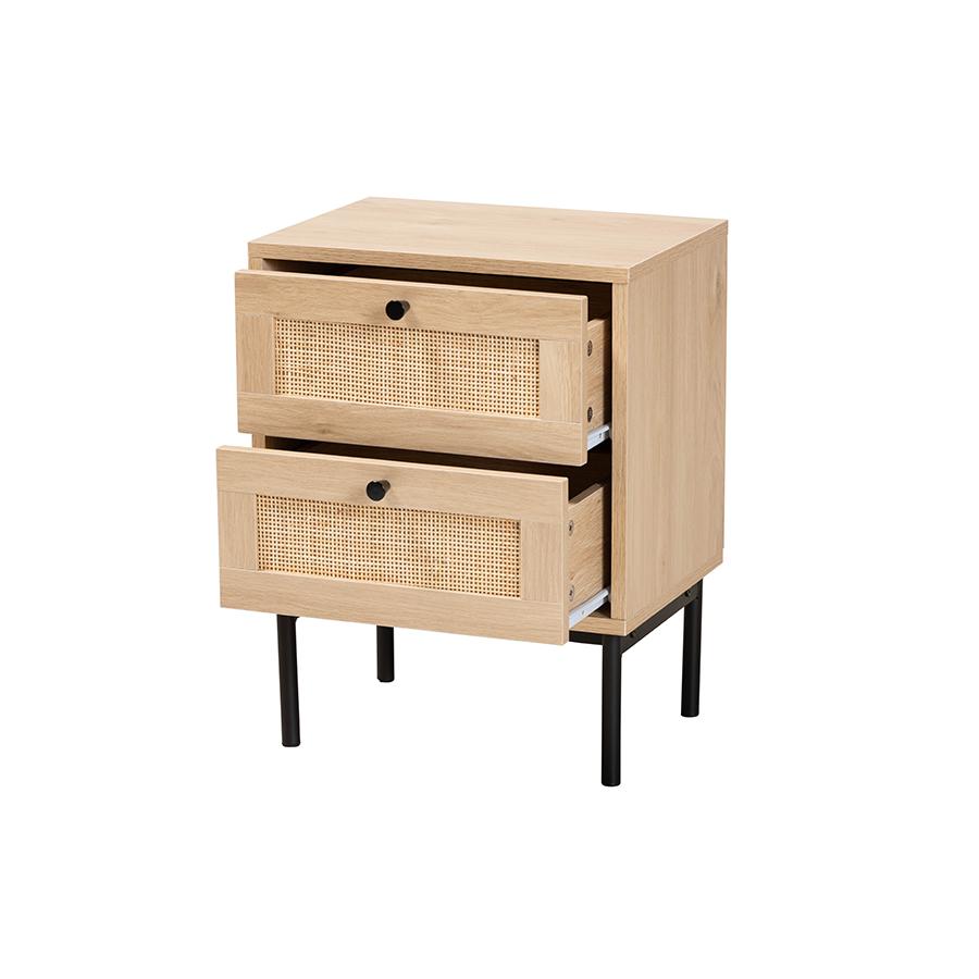Light Brown and Black 2-Drawer End Table with Woven Rattan Accent. Picture 2