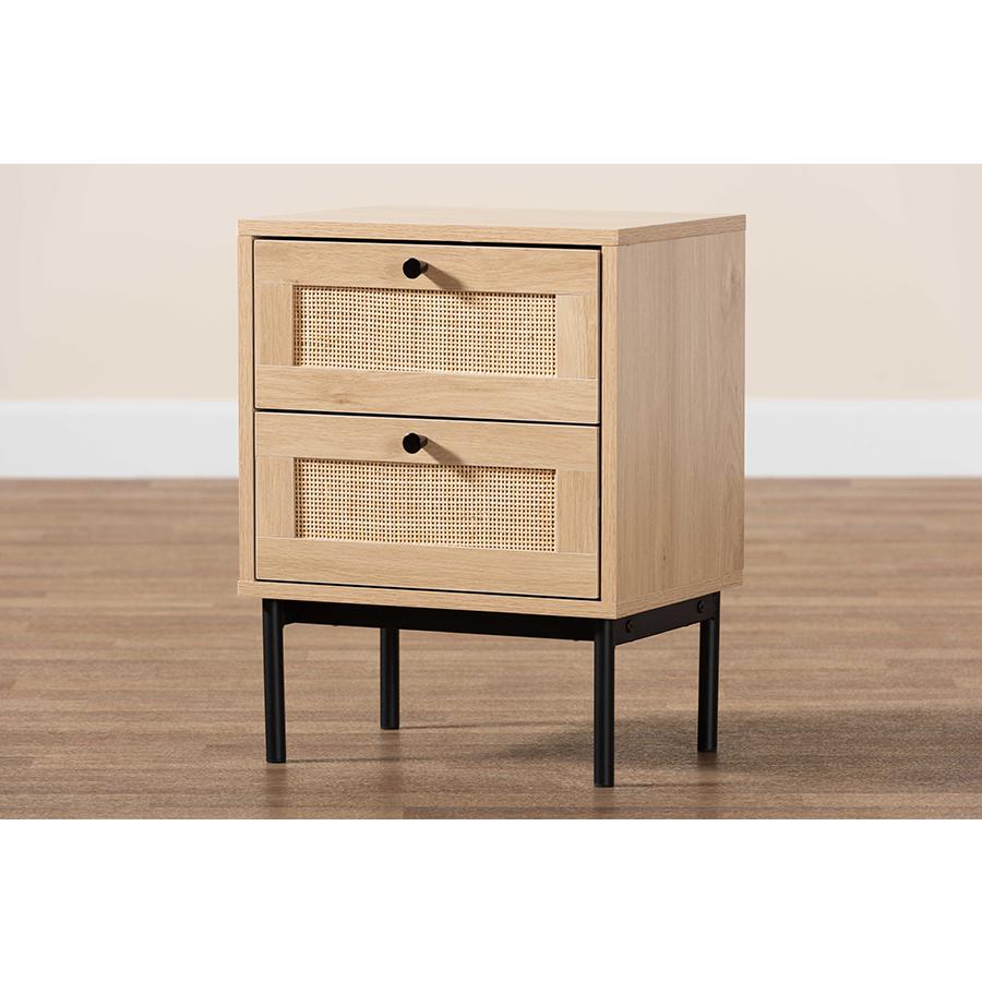 Light Brown and Black 2-Drawer End Table with Woven Rattan Accent. Picture 9