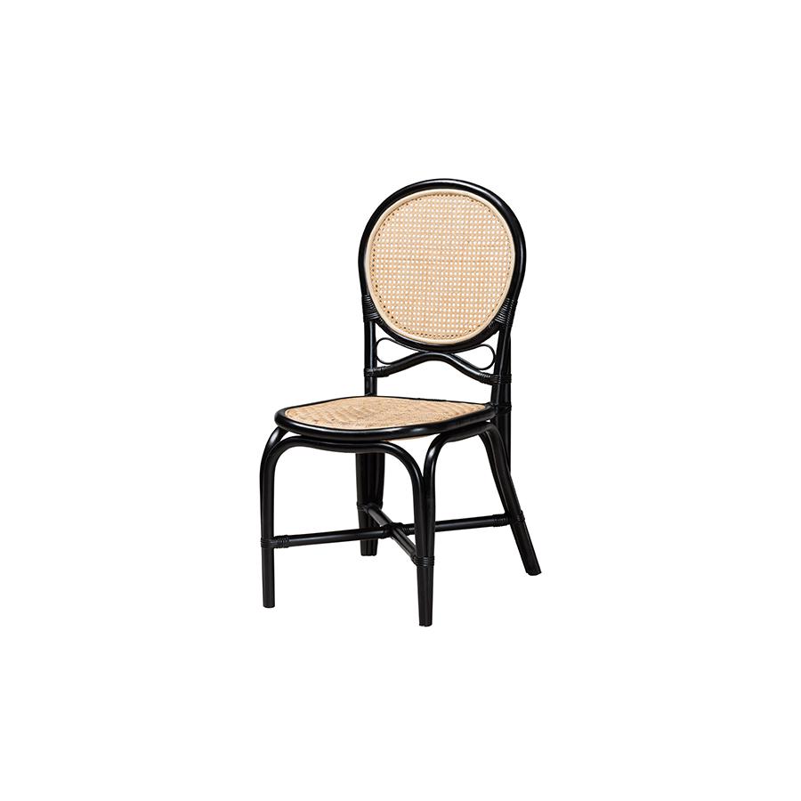 Two-Tone Black and Natural Brown Rattan Dining Chair. Picture 1