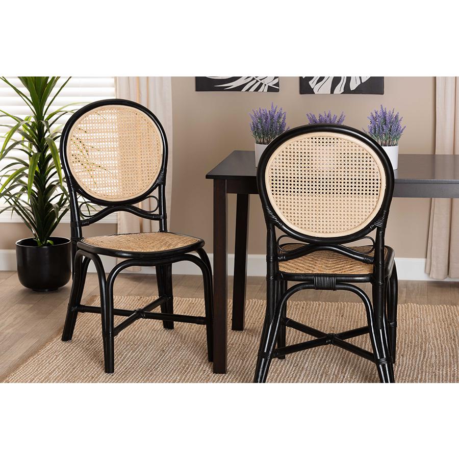 Two-Tone Black and Natural Brown Rattan Dining Chair. Picture 8