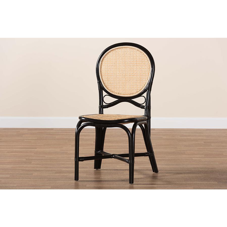 Two-Tone Black and Natural Brown Rattan Dining Chair. Picture 9