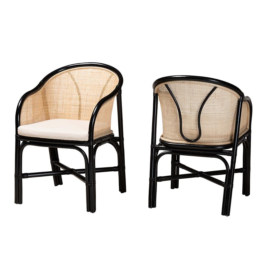 Bohemian Two-Tone Black and Natural Brown Rattan 2-Piece Dining Chair Set. Picture 1