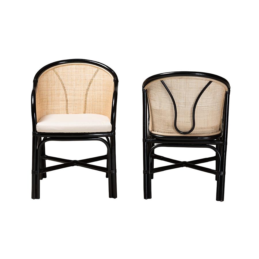 Bohemian Two-Tone Black and Natural Brown Rattan 2-Piece Dining Chair Set. Picture 2