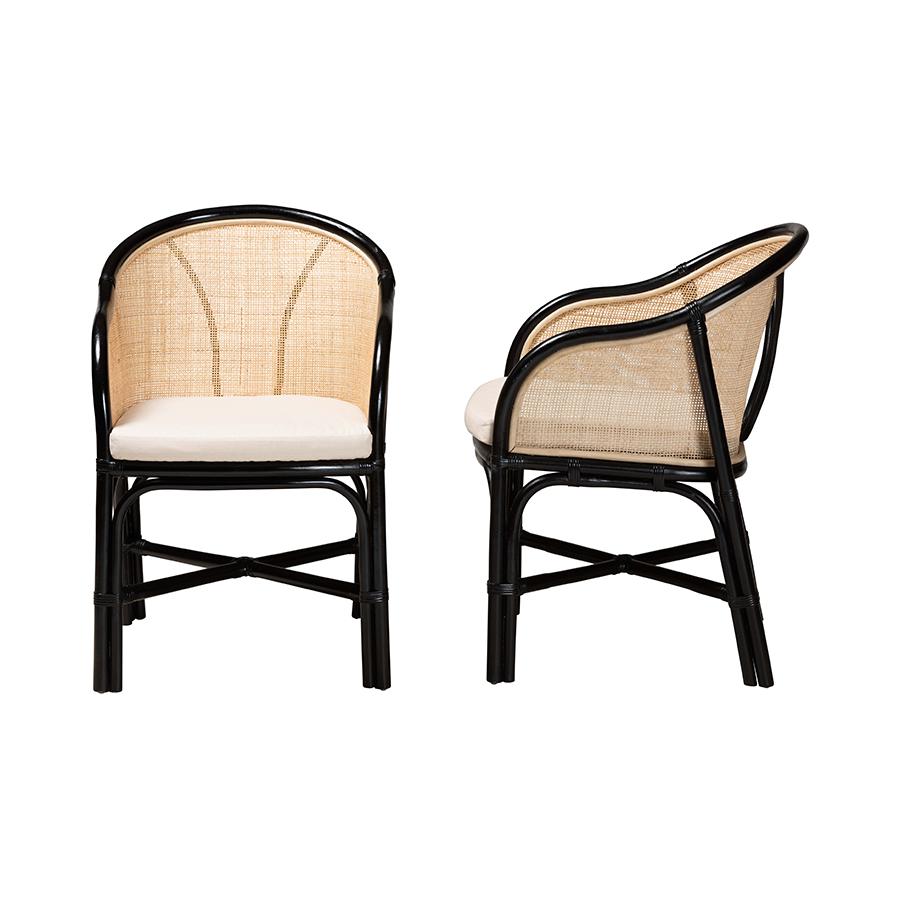 Bohemian Two-Tone Black and Natural Brown Rattan 2-Piece Dining Chair Set. Picture 3