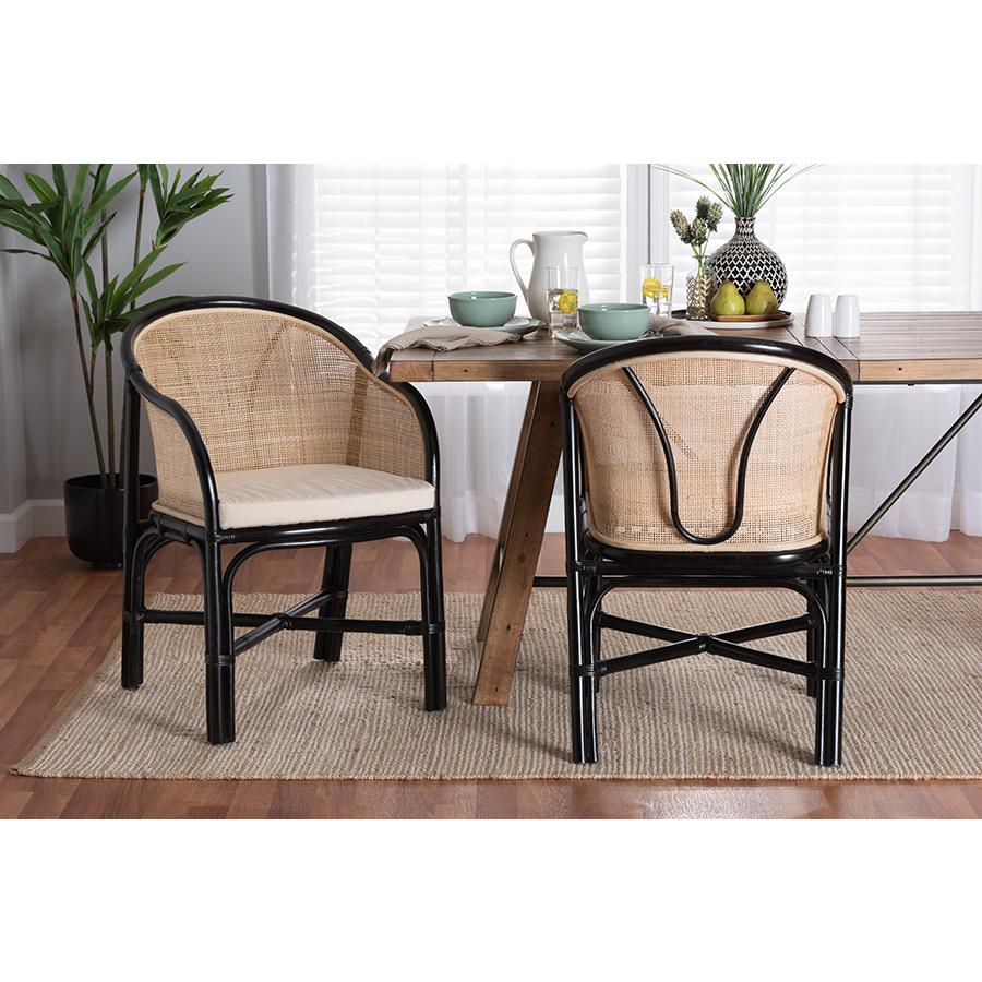 Bohemian Two-Tone Black and Natural Brown Rattan 2-Piece Dining Chair Set. Picture 7