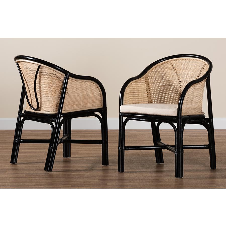 Bohemian Two-Tone Black and Natural Brown Rattan 2-Piece Dining Chair Set. Picture 8