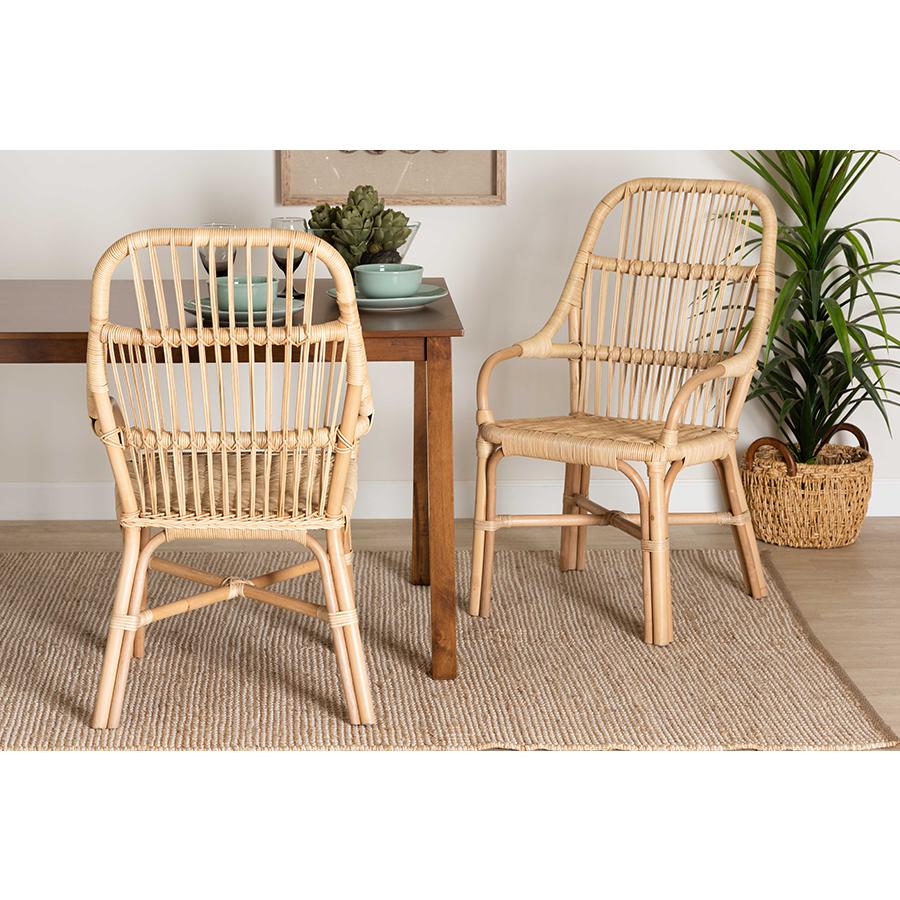 Bohemian Natural Brown Rattan 2-Piece Dining Chair Set. Picture 7