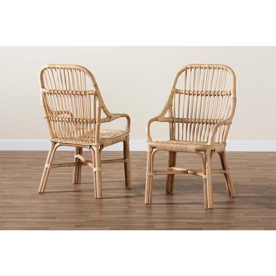 Bohemian Natural Brown Rattan 2-Piece Dining Chair Set. Picture 8
