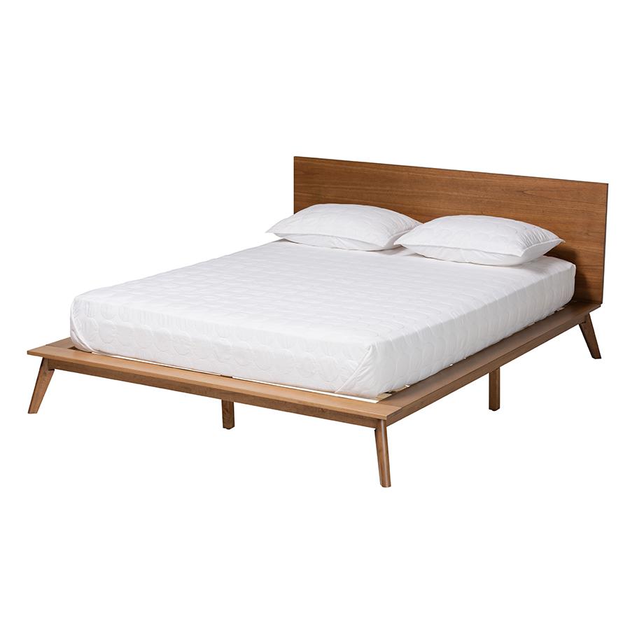 Wheatley Mid-Century Modern Walnut Brown Finished Wood Queen Size Platform Bed. Picture 1